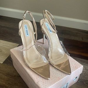 Rose Gold, Clear Toe Strap Heels